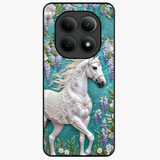 Majestic Floral Stallion Glass Case showing flat back view with powerful horse and floral artwork and glossy glass finish.