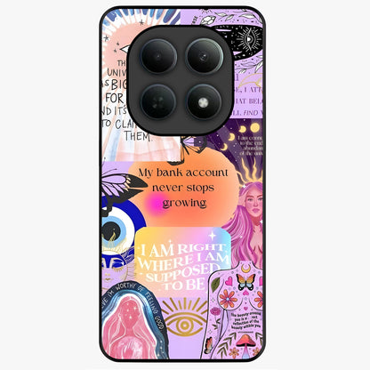 Manifestation Collage Glass Case showing flat back view with motivational collage artwork and glossy glass finish.