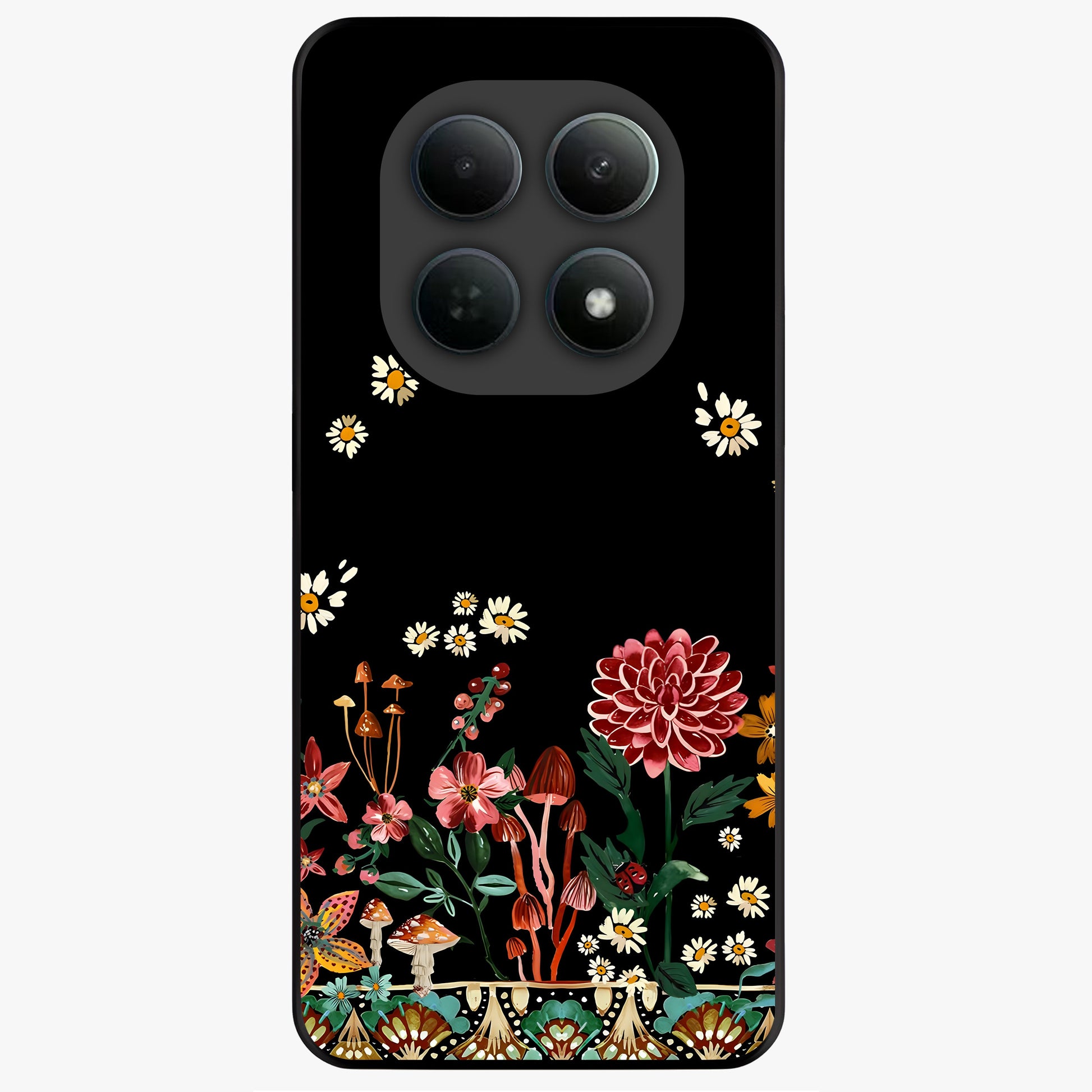 Midnight Bloom Pattern Glass Case showing flat back view with dark floral pattern artwork and glossy glass finish.