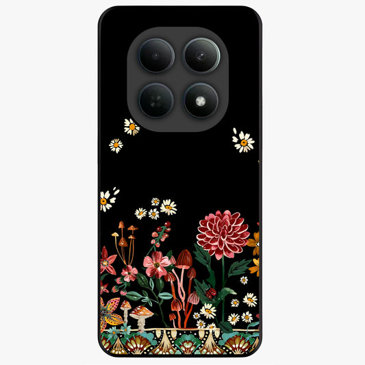 Midnight Bloom Pattern Glass Case showing flat back view with dark floral pattern artwork and glossy glass finish.