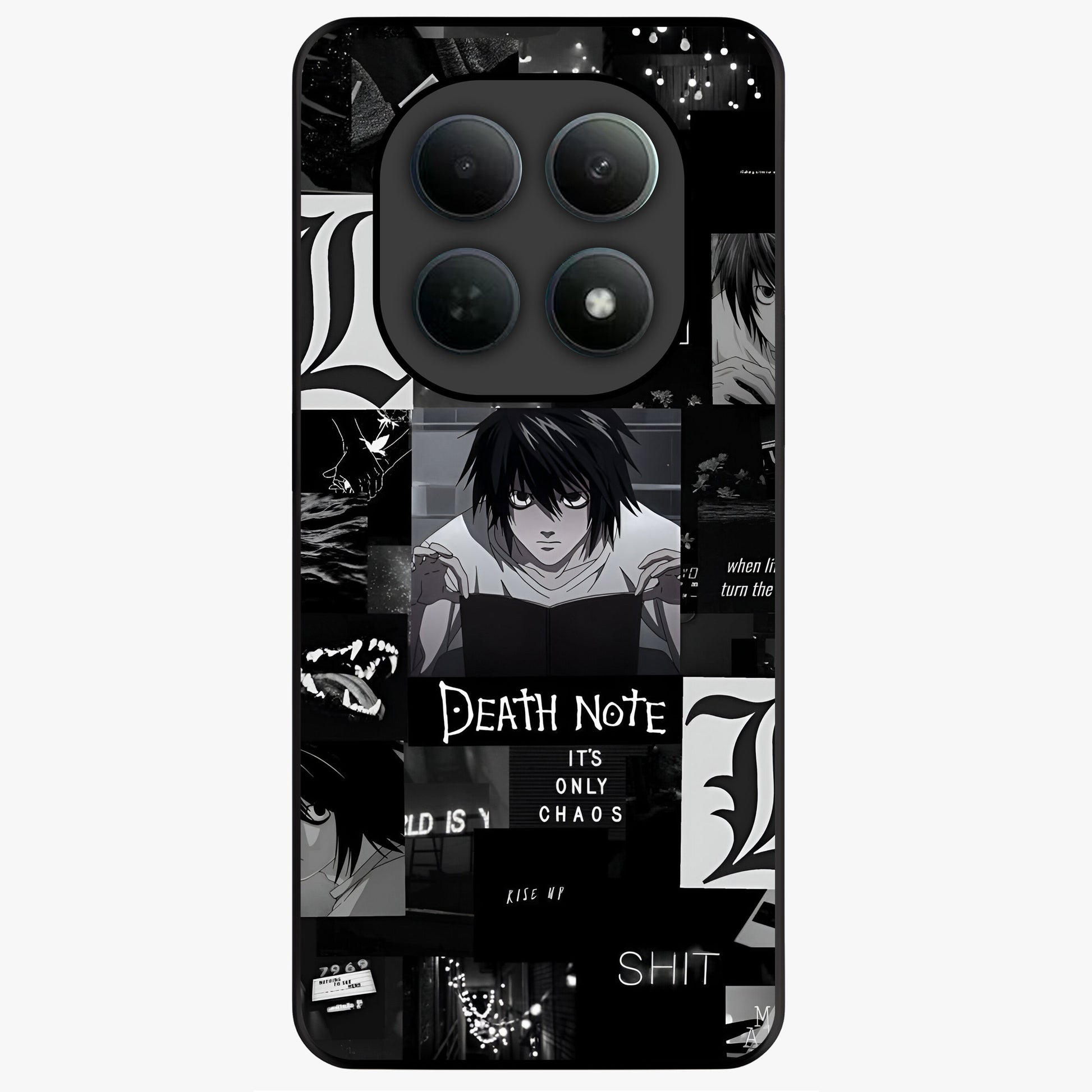 Midnight Chaos Mind Glass Case showing flat back view with abstract dark themed artwork and glossy glass finish.