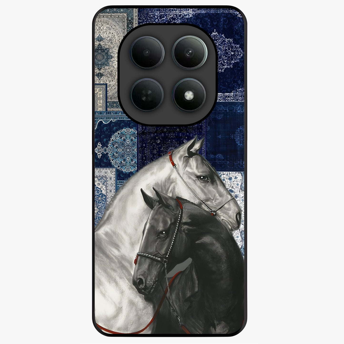 Midnight Stallion Blues Glass Case showing flat back view with majestic horse artwork and glossy glass finish.