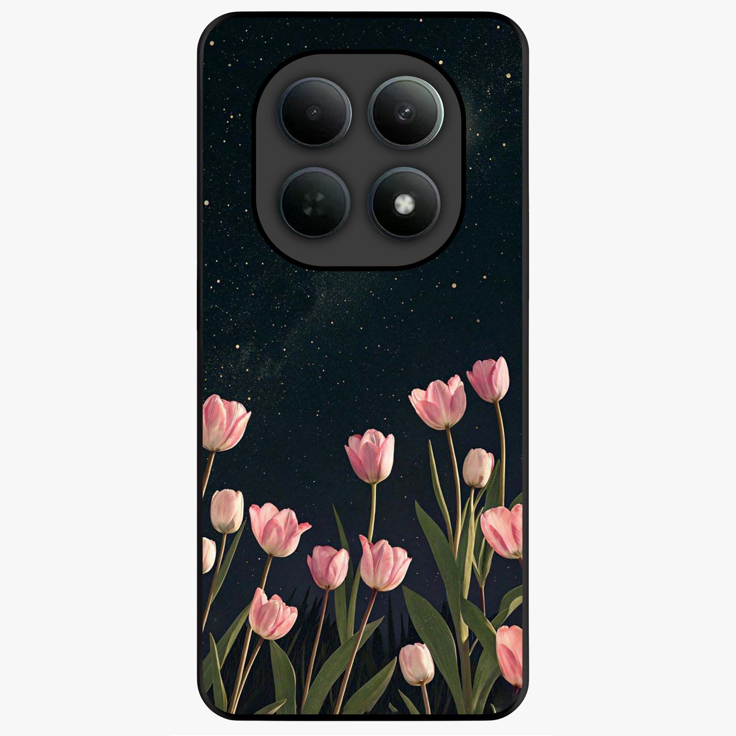 Midnight Tulip Whispers Vibe Glass Case showing flat back view with elegant tulip flower artwork and glossy glass finish.
