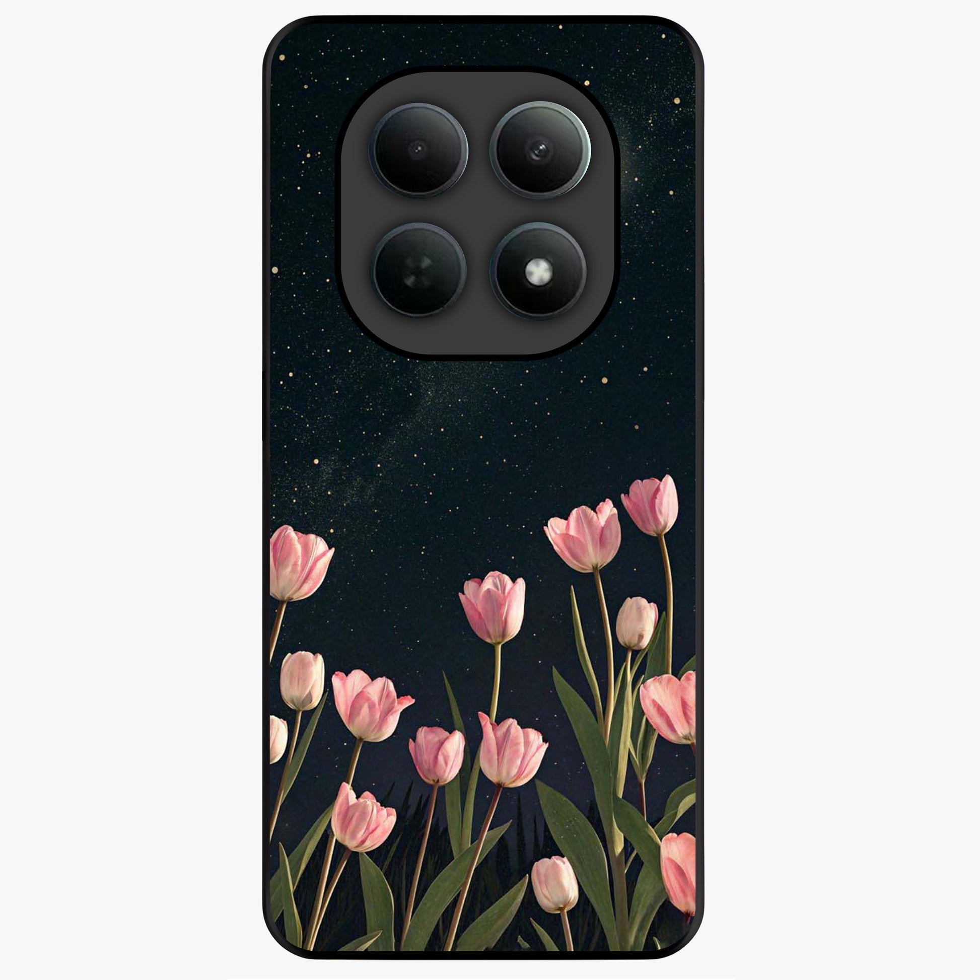 Midnight Tulip Whispers Vibe Glass Case showing flat back view with elegant tulip flower artwork and glossy glass finish.