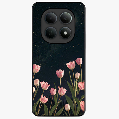 Midnight Tulip Whispers Vibe Glass Case showing flat back view with elegant tulip flower artwork and glossy glass finish.
