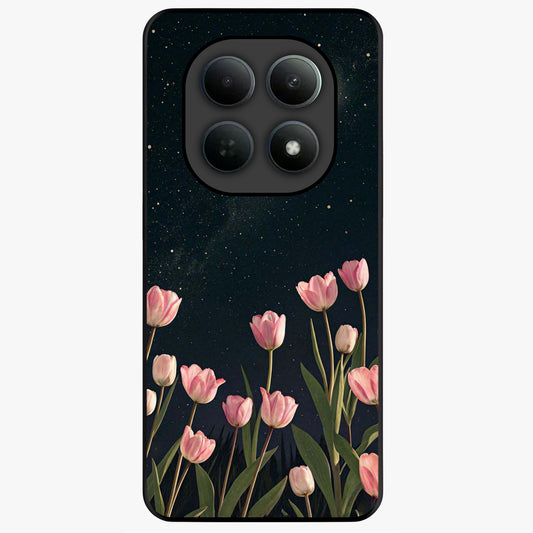 Midnight Tulip Whispers Vibe Glass Case showing flat back view with elegant tulip flower artwork and glossy glass finish.