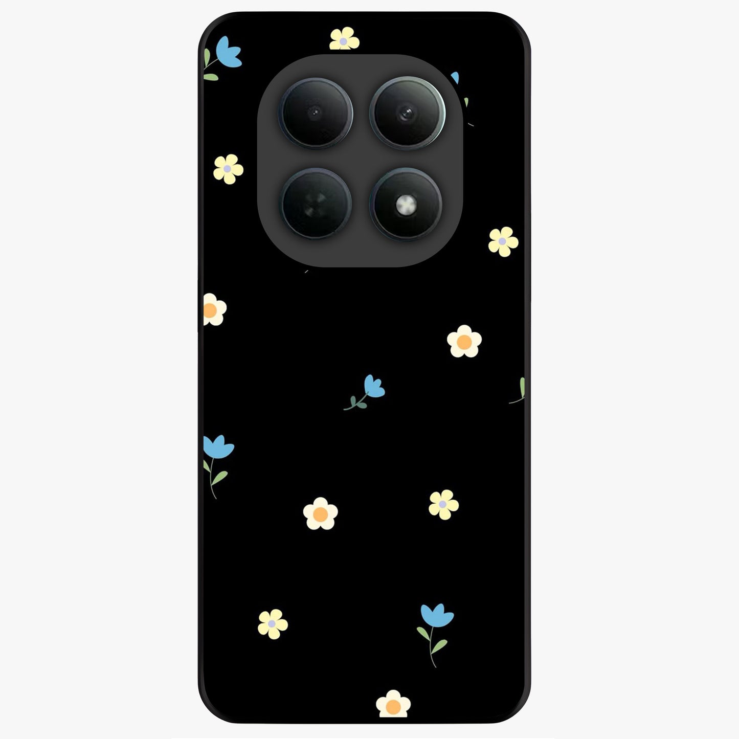 Minimalistic Blue With White Flower Pattern Glass Case showing flat back view with blue background and white flower pattern and glossy glass finish.