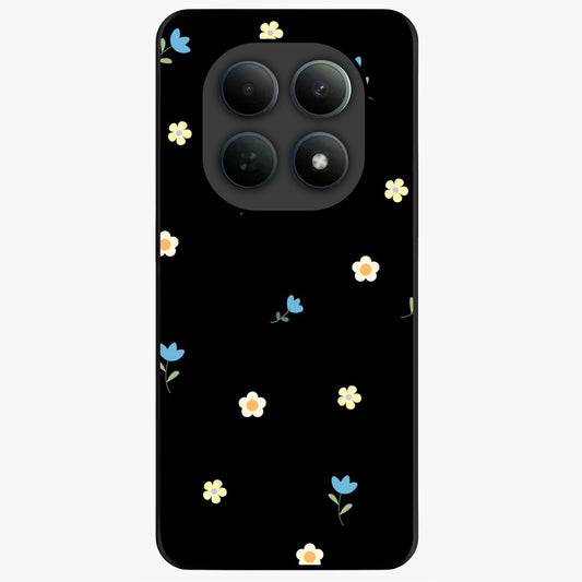 Minimalistic Blue With White Flower Pattern Glass Case showing flat back view with blue background and white flower pattern and glossy glass finish.