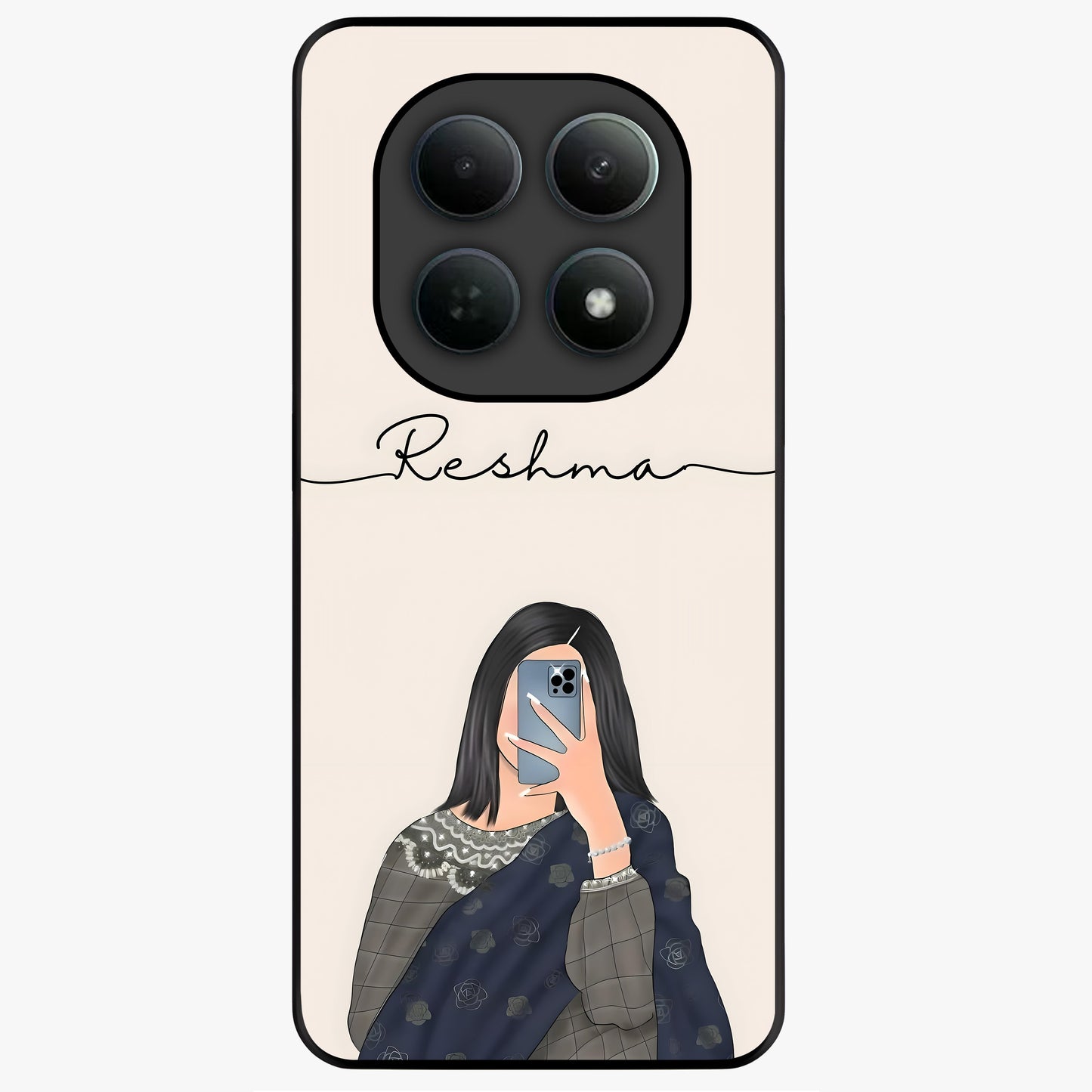 Mirror Mood Muse With Custom Name Glass Case showing flat back view with stylish mirrored artwork and personalized name design.