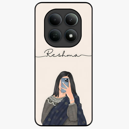Mirror Mood Muse With Custom Name Glass Case showing flat back view with stylish mirrored artwork and personalized name design.