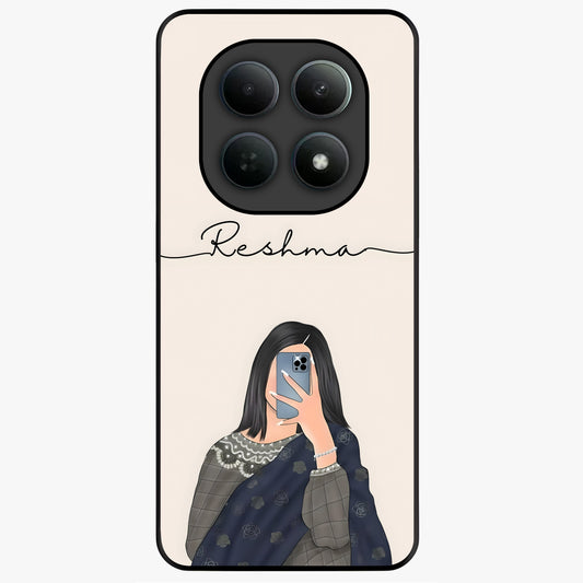 Mirror Mood Muse With Custom Name Glass Case showing flat back view with stylish mirrored artwork and personalized name design.