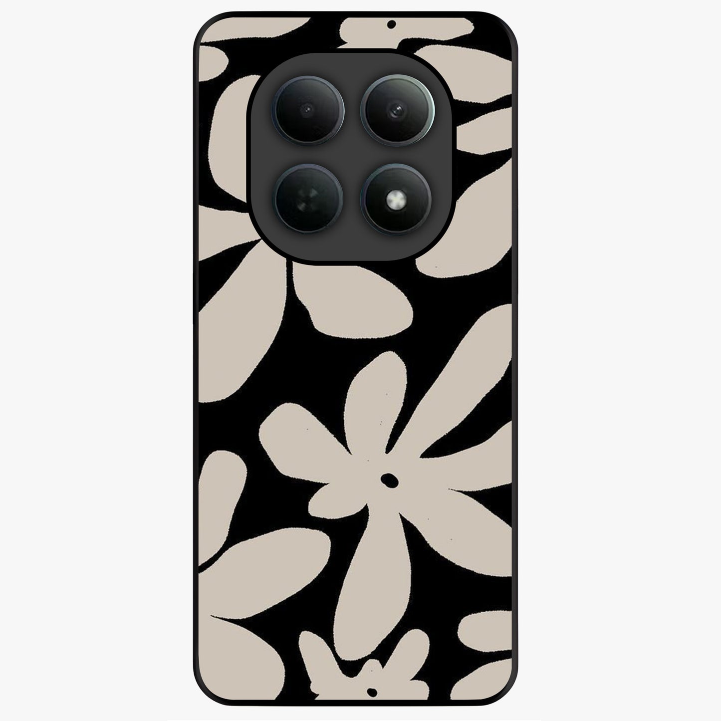 Monochrome Petal Dance Glass Case showing flat back view with monochrome floral artwork and glossy glass finish.