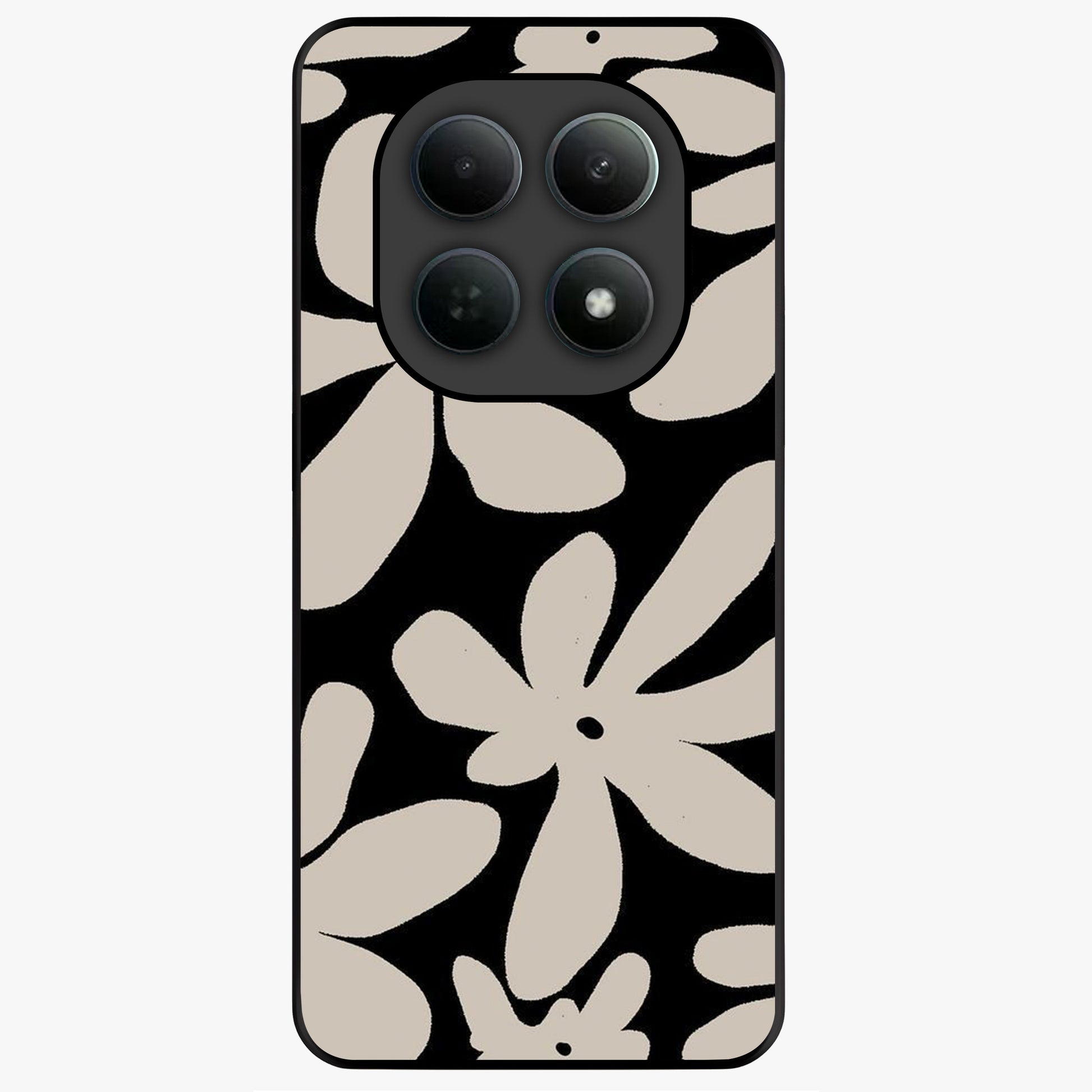 Monochrome Petal Dance Glass Case showing flat back view with monochrome floral artwork and glossy glass finish.