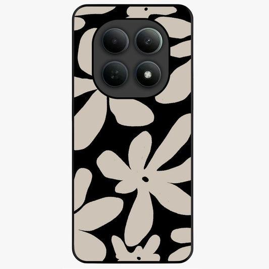 Monochrome Petal Dance Glass Case showing flat back view with monochrome floral artwork and glossy glass finish.