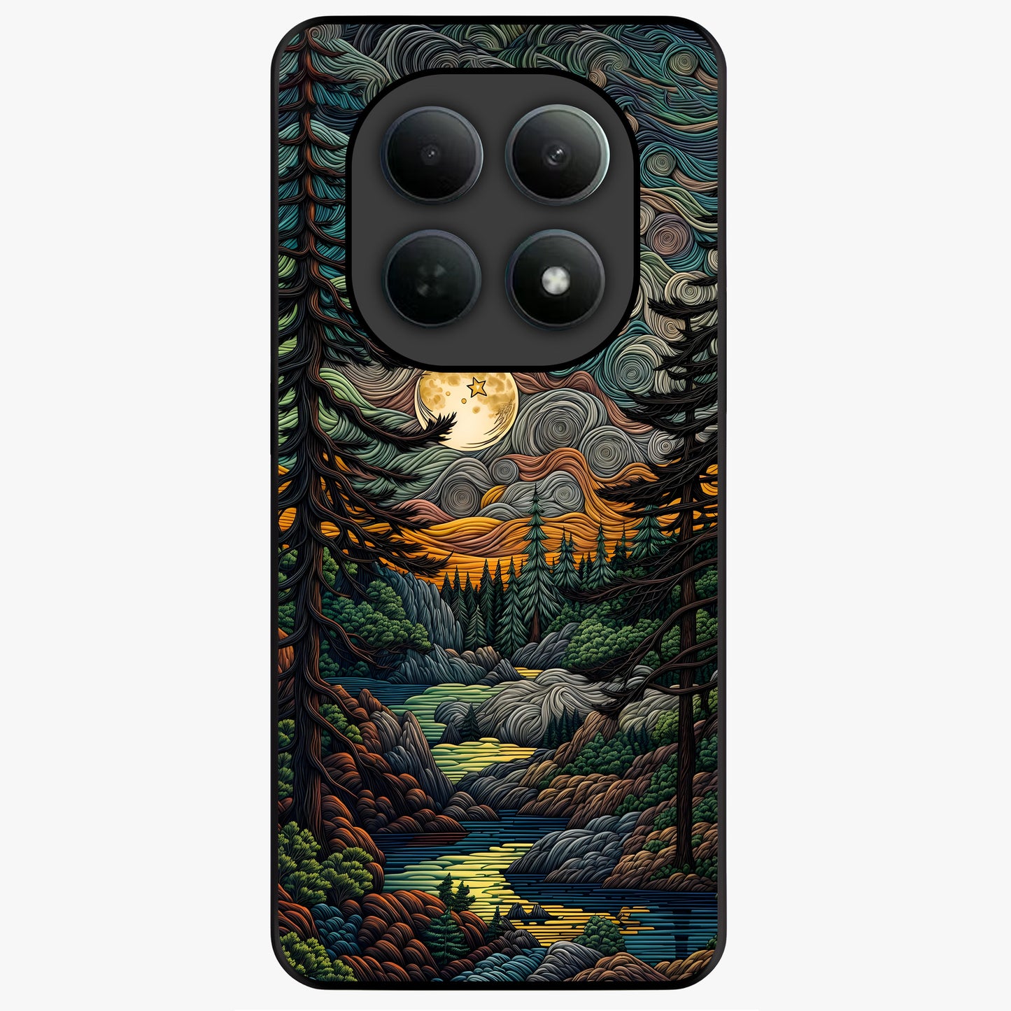 Moonlight Forest Dream Glass Case showing flat back view with mystical forest moonlight artwork and glossy glass finish.