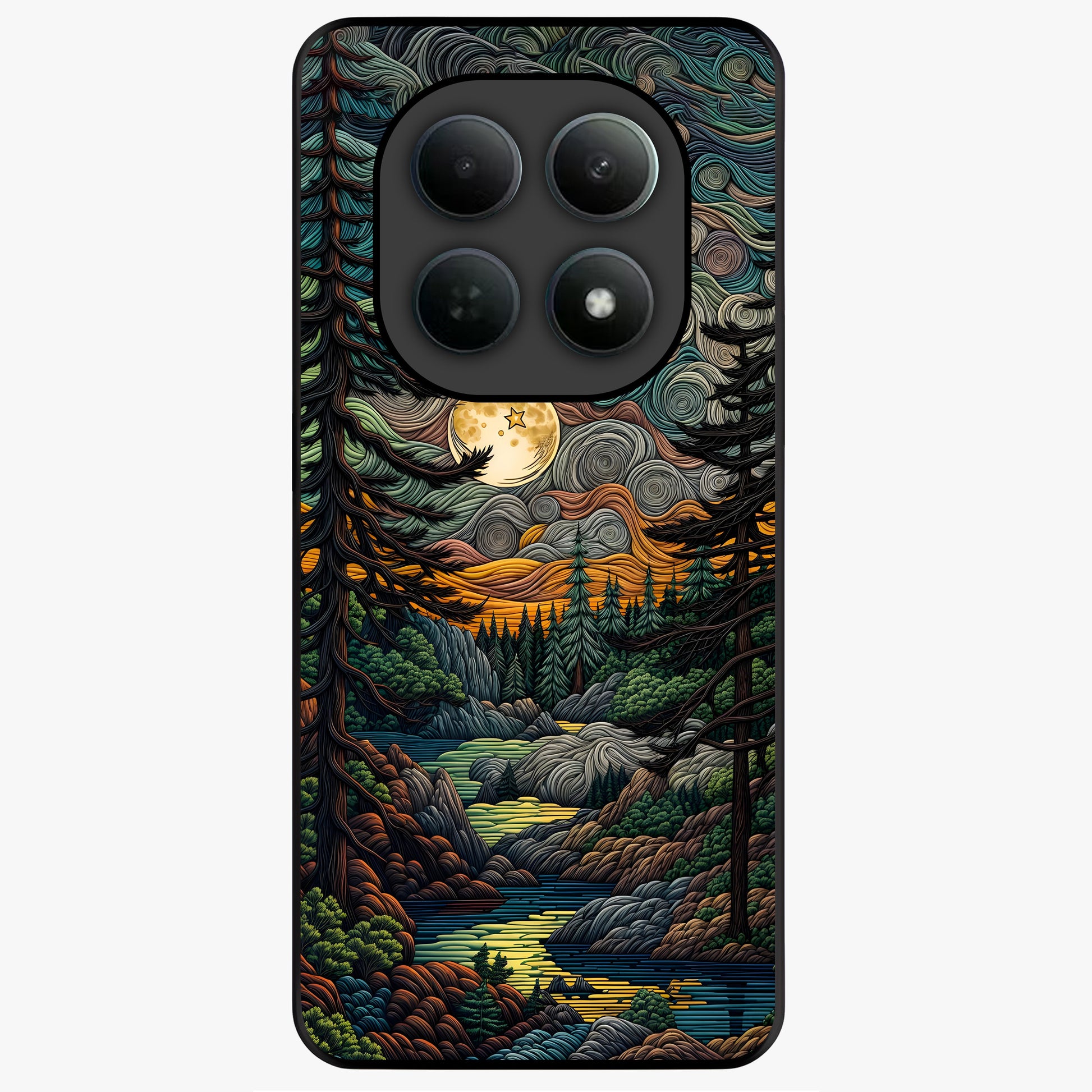 Moonlight Forest Dream Glass Case showing flat back view with mystical forest moonlight artwork and glossy glass finish.