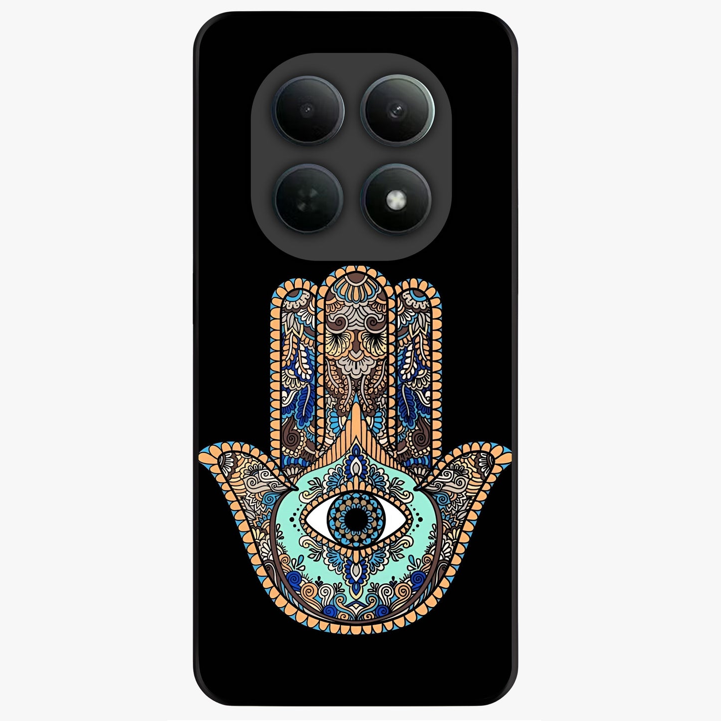 Mystic Hamsa Eye Glass Case showing flat back view with protective hamsa hand and evil eye artwork and glossy glass finish.