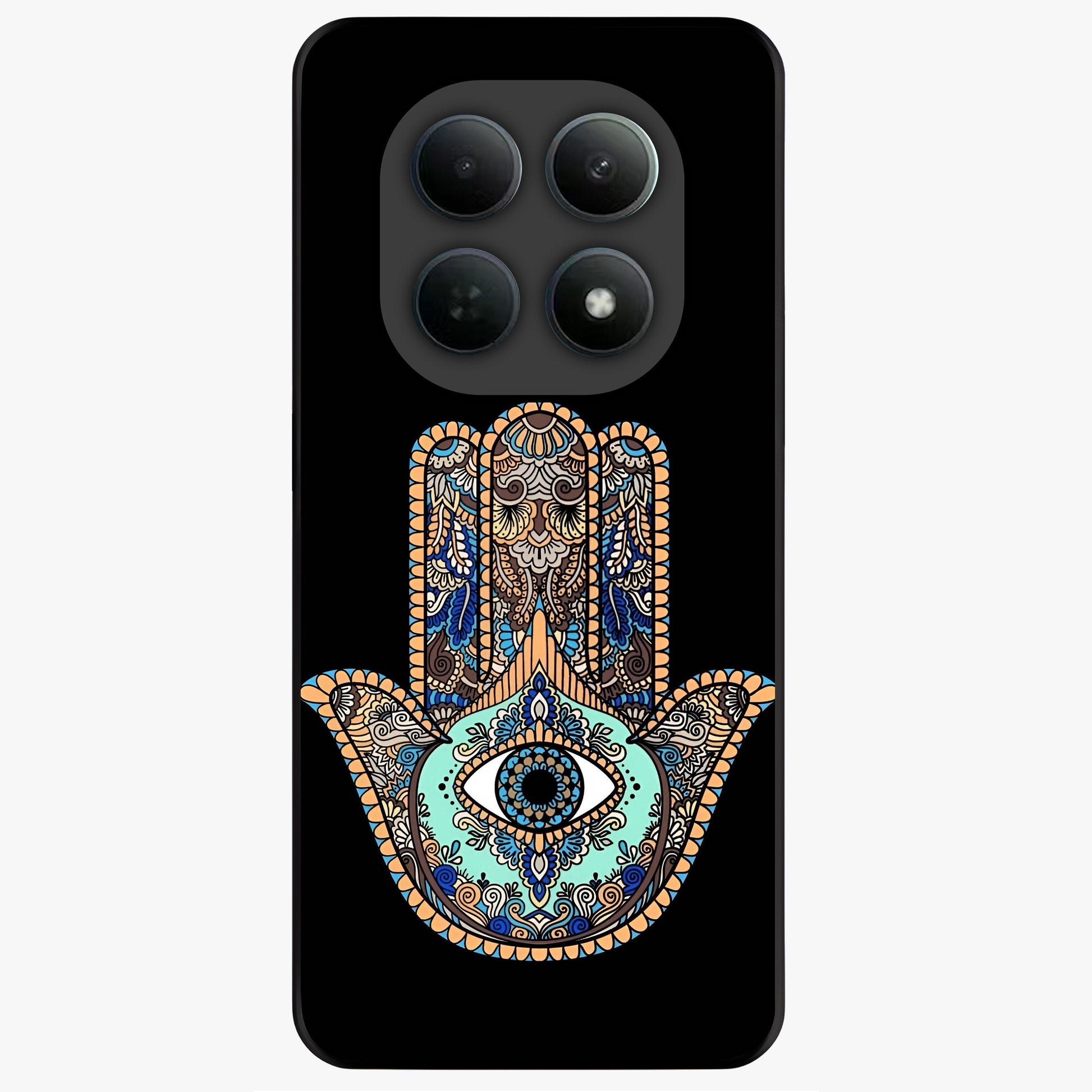Mystic Hamsa Eye Glass Case showing flat back view with protective hamsa hand and evil eye artwork and glossy glass finish.