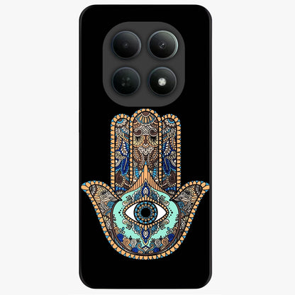 Mystic Hamsa Eye Glass Case showing flat back view with protective hamsa hand and evil eye artwork and glossy glass finish.