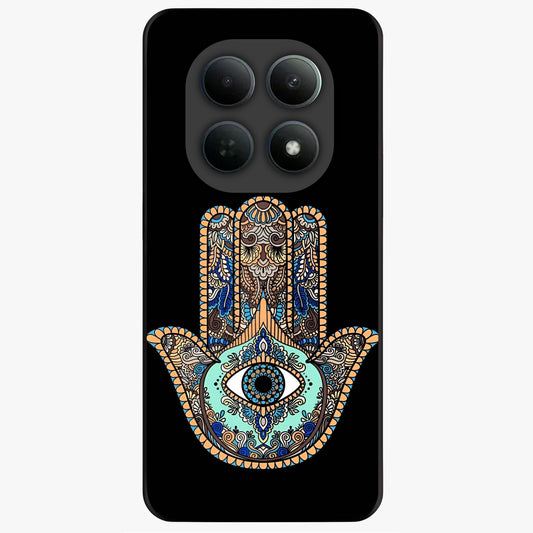 Mystic Hamsa Eye Glass Case showing flat back view with protective hamsa hand and evil eye artwork and glossy glass finish.