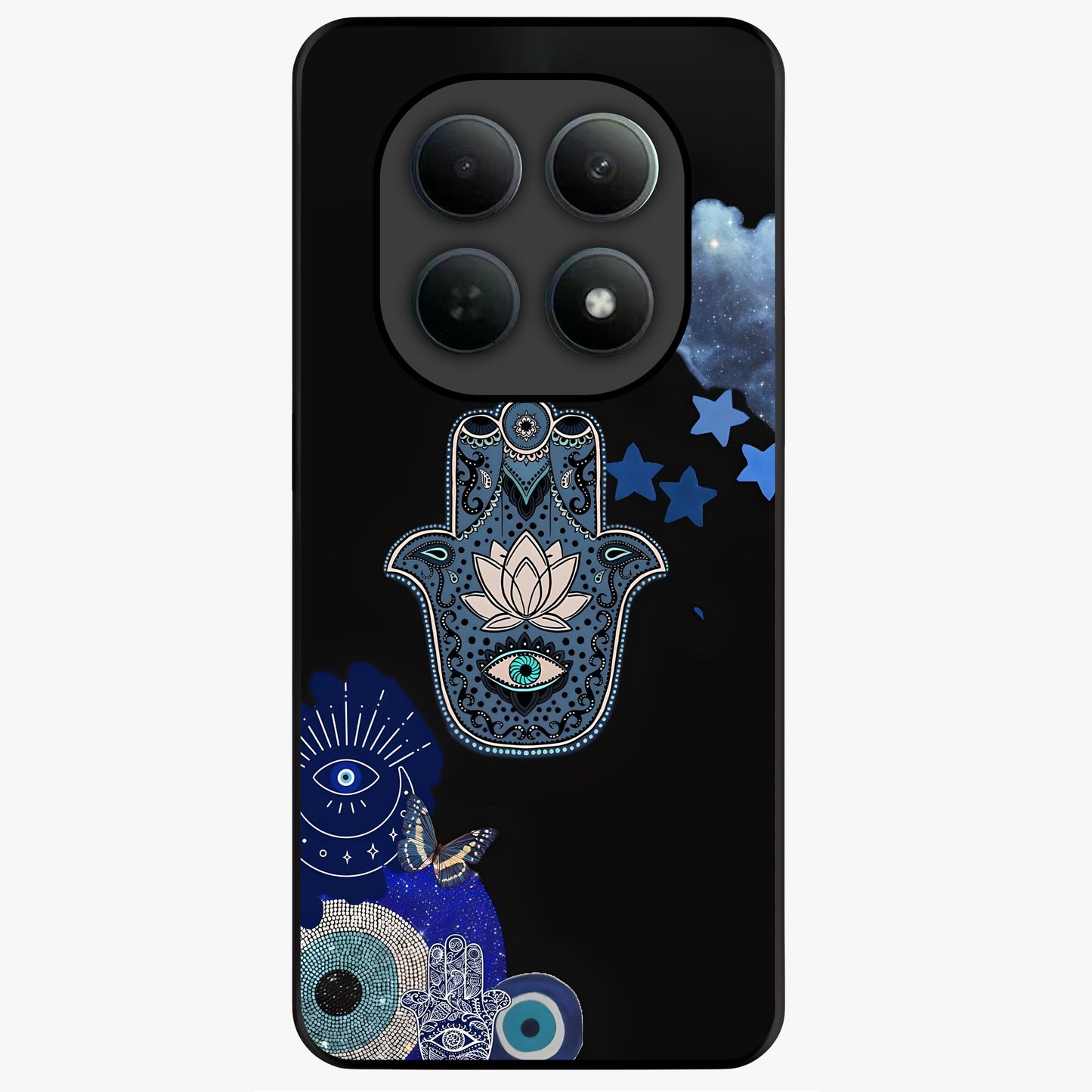 Mystic Hand Aura Glass Case showing flat back view with mystical hand symbol artwork and glossy glass finish.