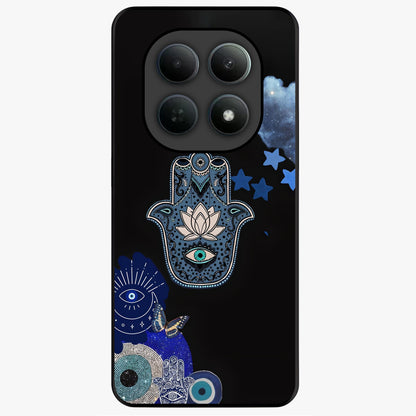 Mystic Hand Aura Glass Case showing flat back view with mystical hand symbol artwork and glossy glass finish.