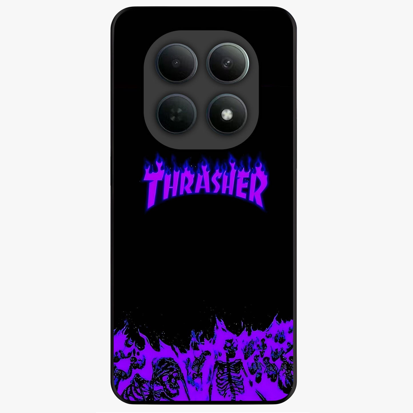 Neon Flame Riot Glass Case showing flat back view with neon flame artwork and glossy glass finish.