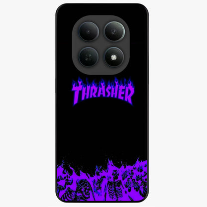Neon Flame Riot Glass Case showing flat back view with neon flame artwork and glossy glass finish.