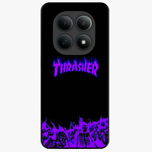 Neon Flame Riot Glass Case showing flat back view with neon flame artwork and glossy glass finish.