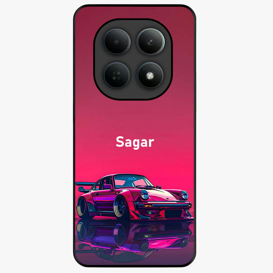 Neon Pink Porsche Glass Case showing flat back view with stylish sports car artwork and glossy glass finish.