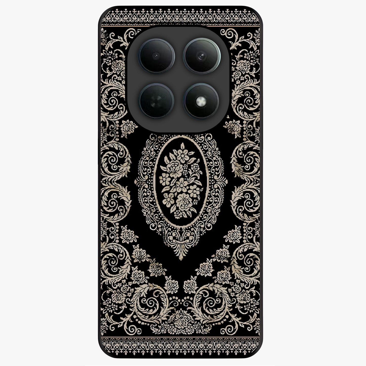 Noir Bloom Elegance Glass Case showing flat back view with elegant dark floral artwork and glossy glass finish.