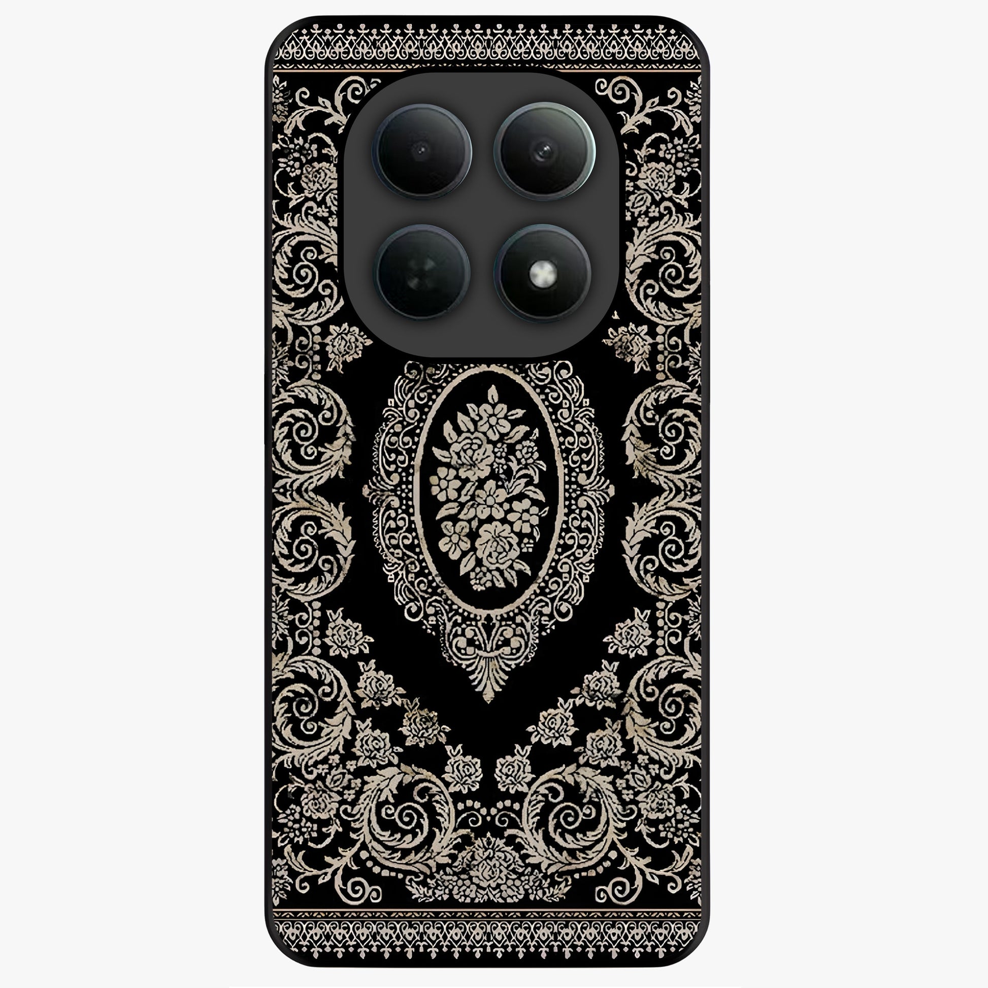 Noir Bloom Elegance Glass Case showing flat back view with elegant dark floral artwork and glossy glass finish.