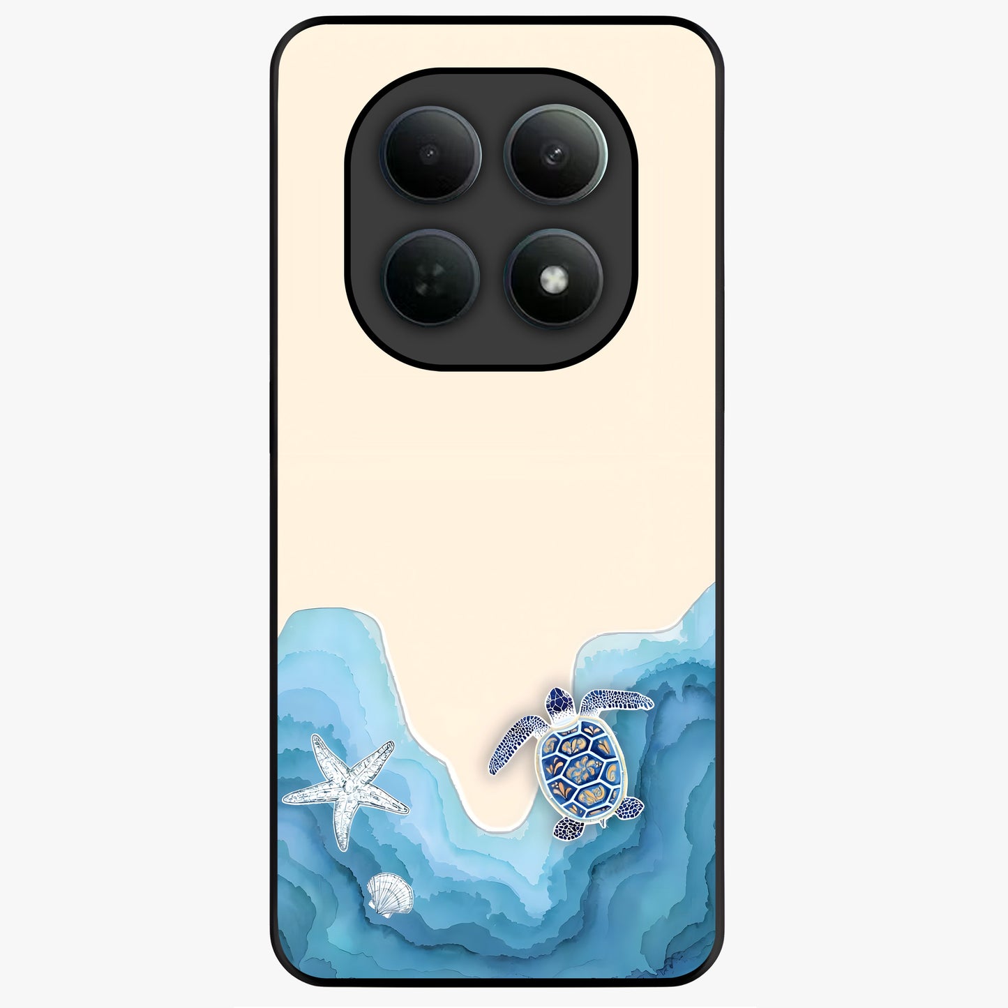 Ocean Drift Turtle Glass Case showing flat back view with sea turtle artwork and glossy glass finish.