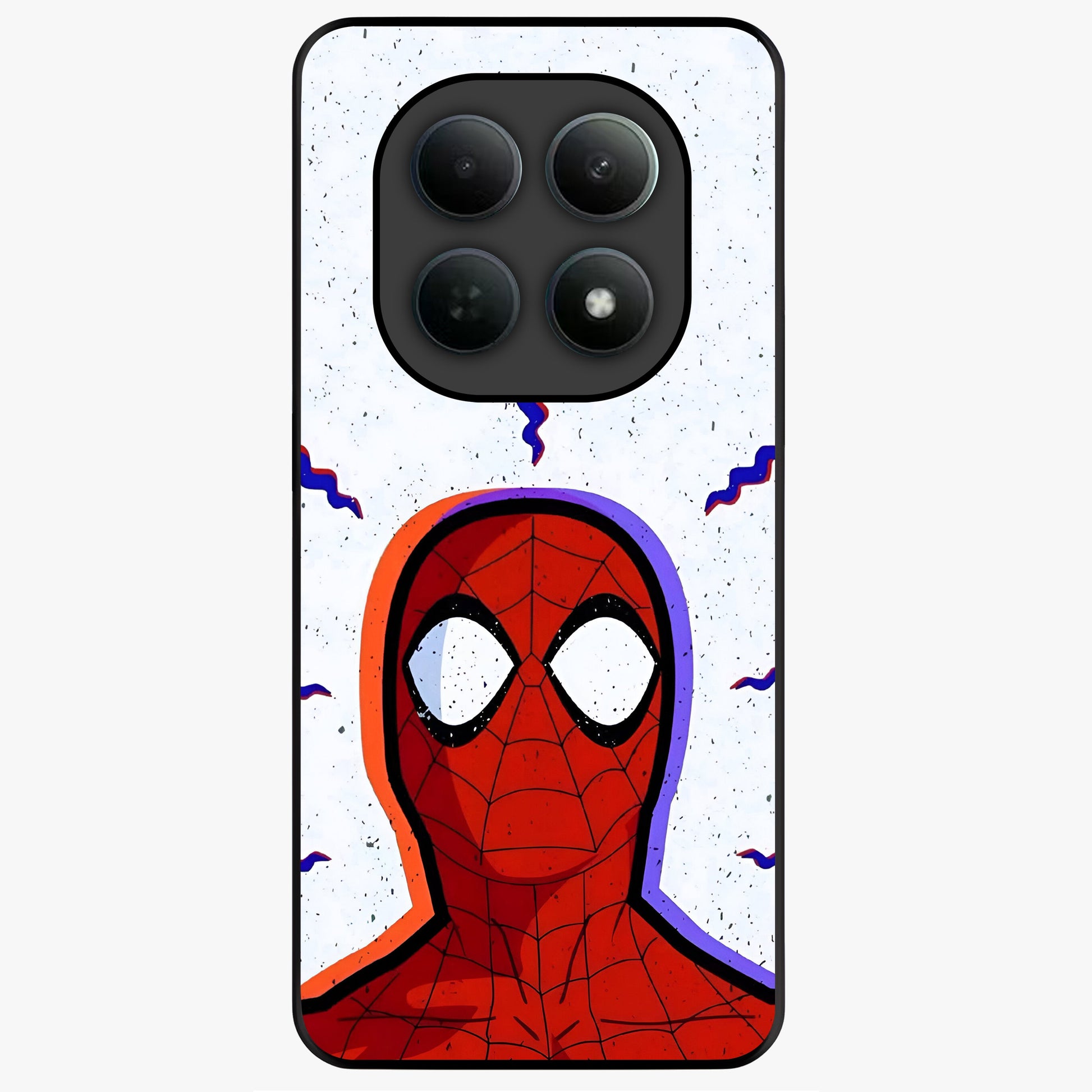Omg Spiderman Glass Case showing flat back view with bold superhero inspired artwork and glossy glass finish.