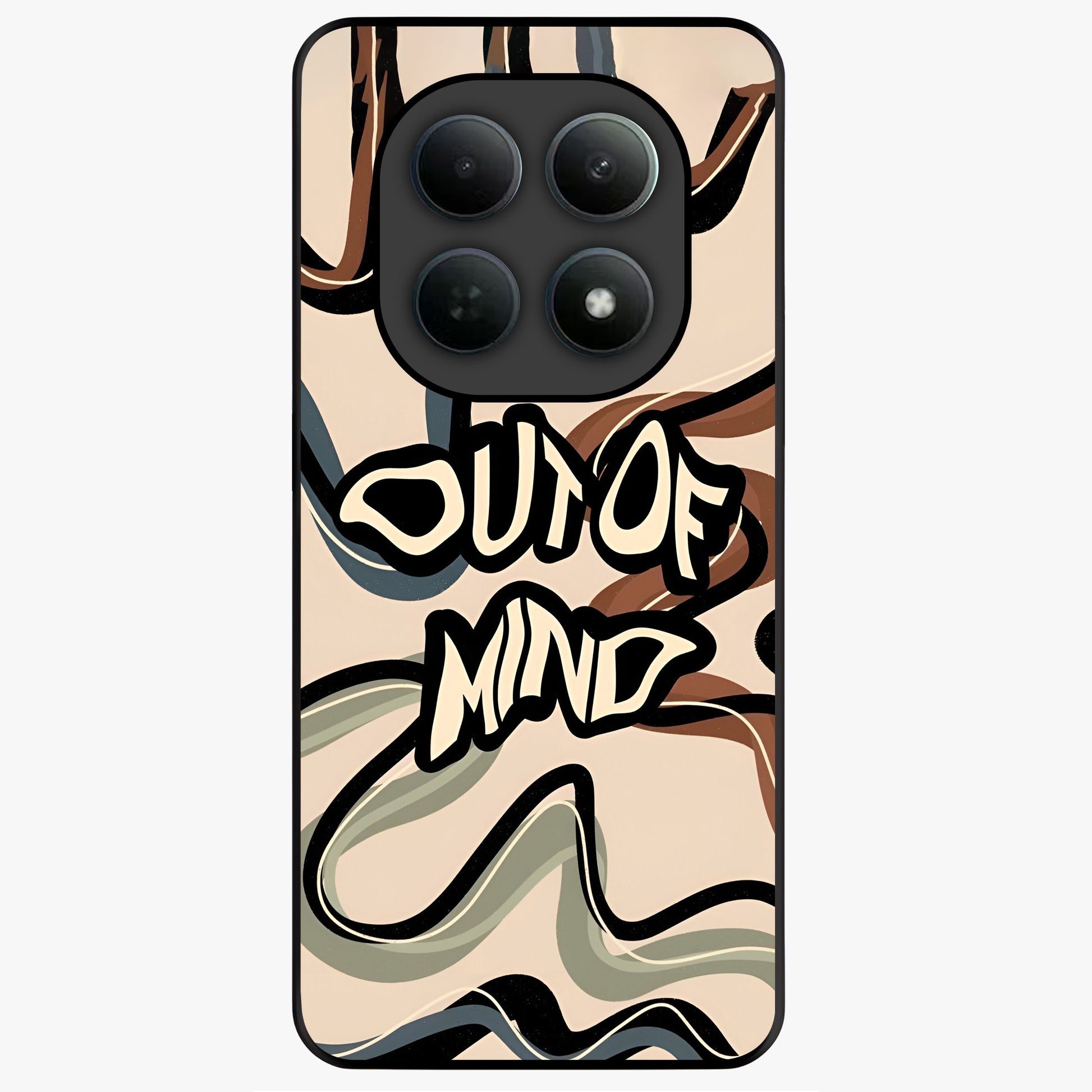 Out Of Mind Glass Case showing flat back view with expressive typography artwork and glossy glass finish.