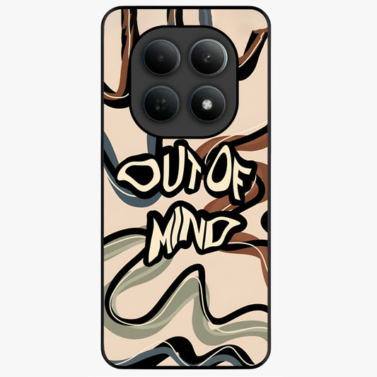 Out Of Mind Glass Case showing flat back view with expressive typography artwork and glossy glass finish.