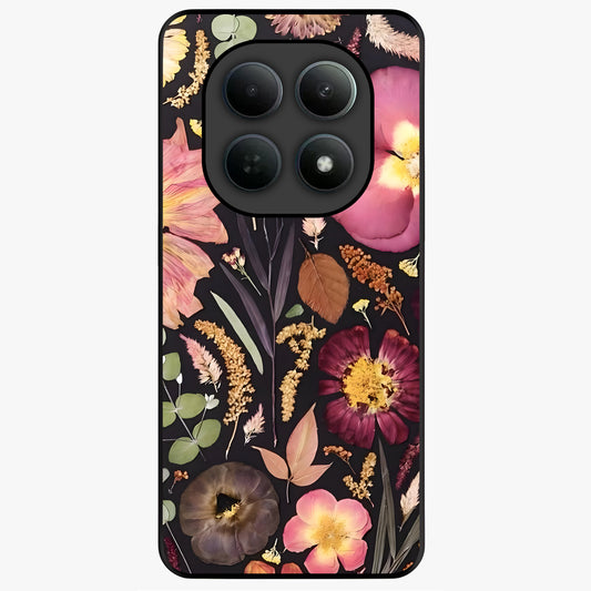 Petal Dream Tapestry Glass Case showing flat back view with intricate floral tapestry artwork and glossy glass finish.