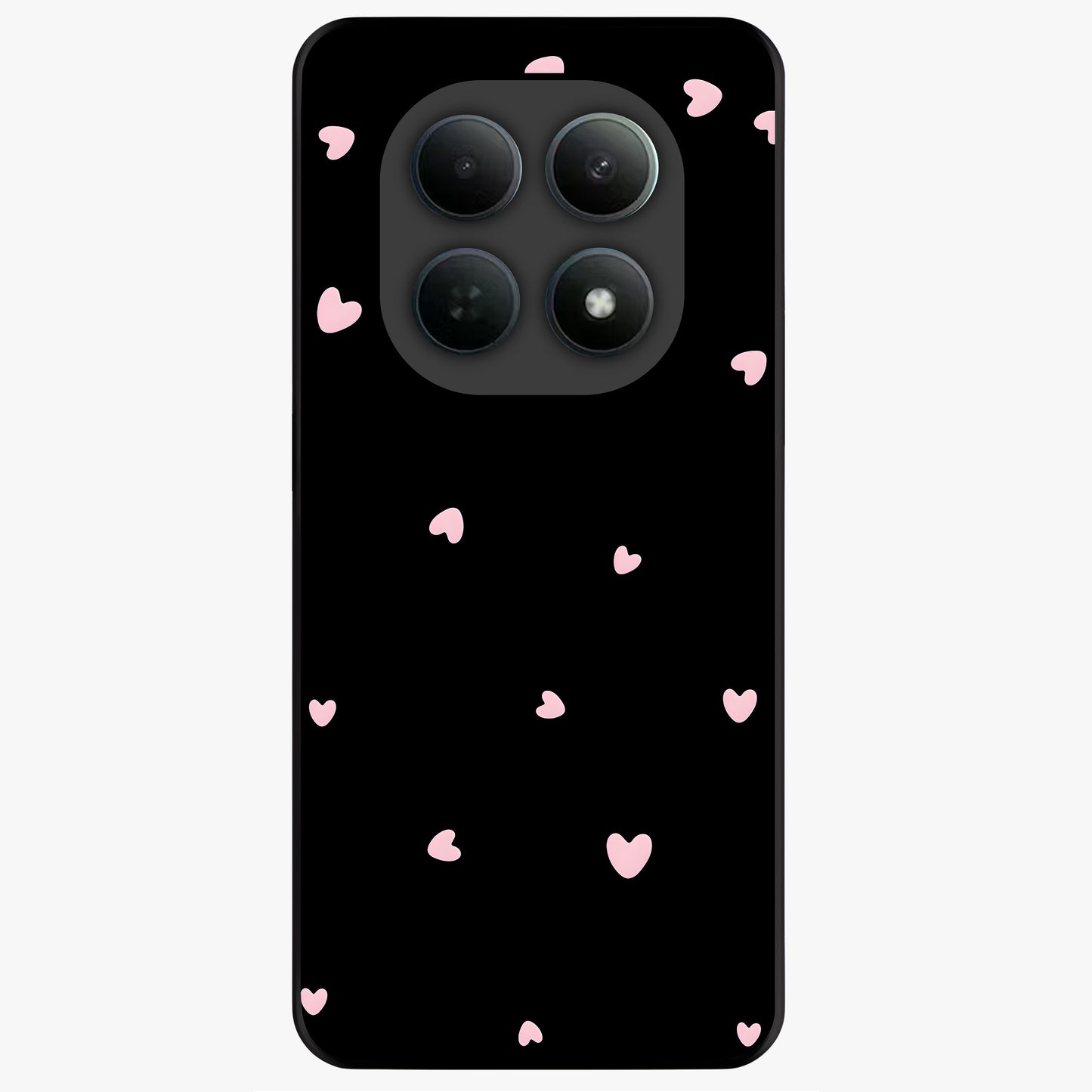 Pink Love Drops Glass Case showing flat back view with playful pink heart drops artwork and glossy glass finish.