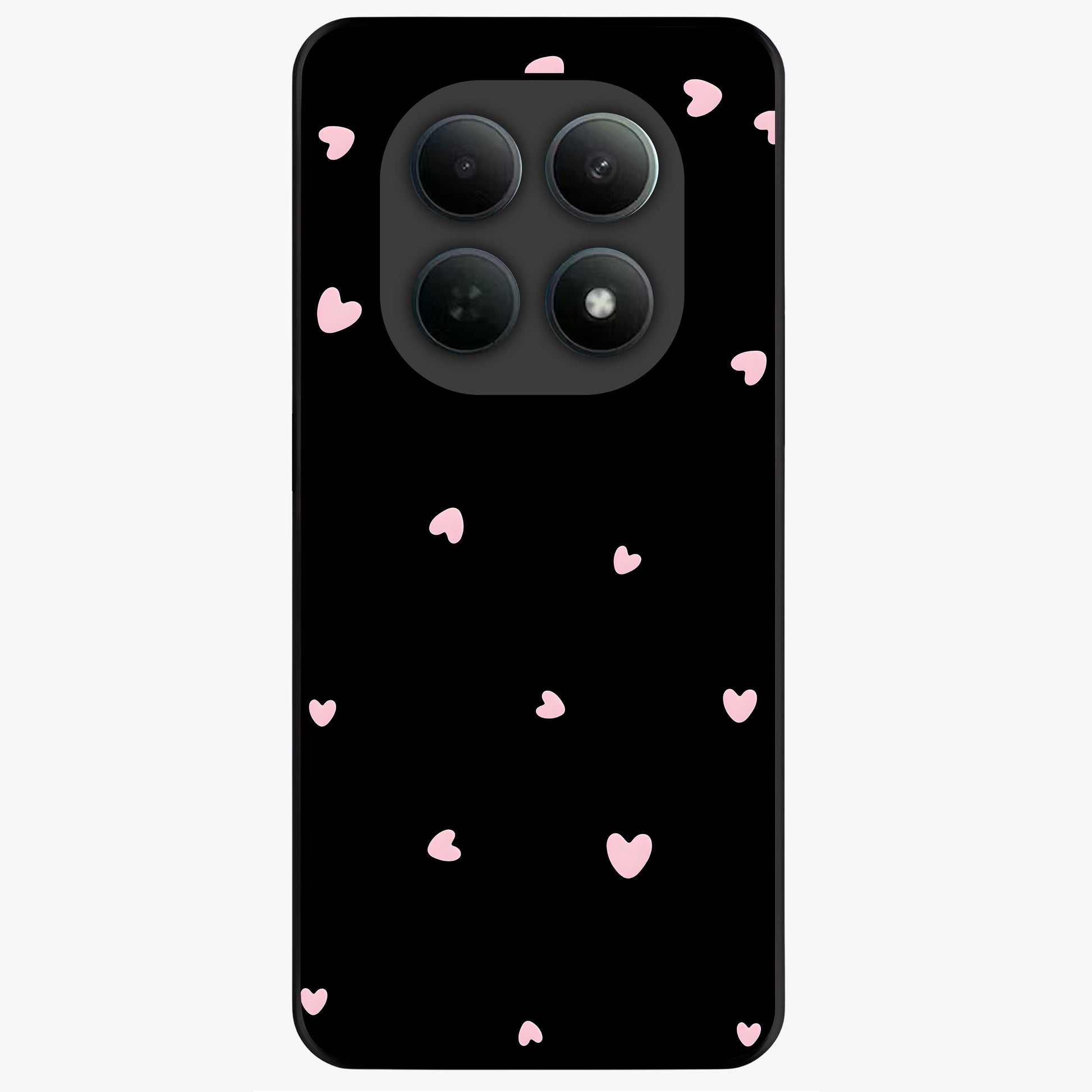 Pink Love Drops Glass Case showing flat back view with playful pink heart drops artwork and glossy glass finish.