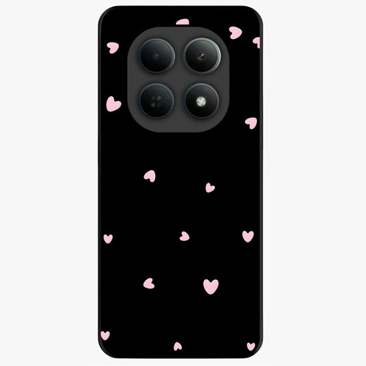 Pink Love Drops Glass Case showing flat back view with playful pink heart drops artwork and glossy glass finish.