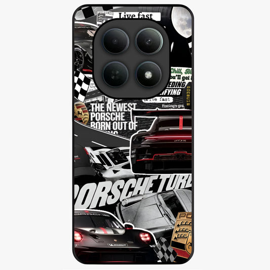 Porsche Racing Collage Glass Case showing flat back view with sports car racing collage artwork and glossy glass finish.