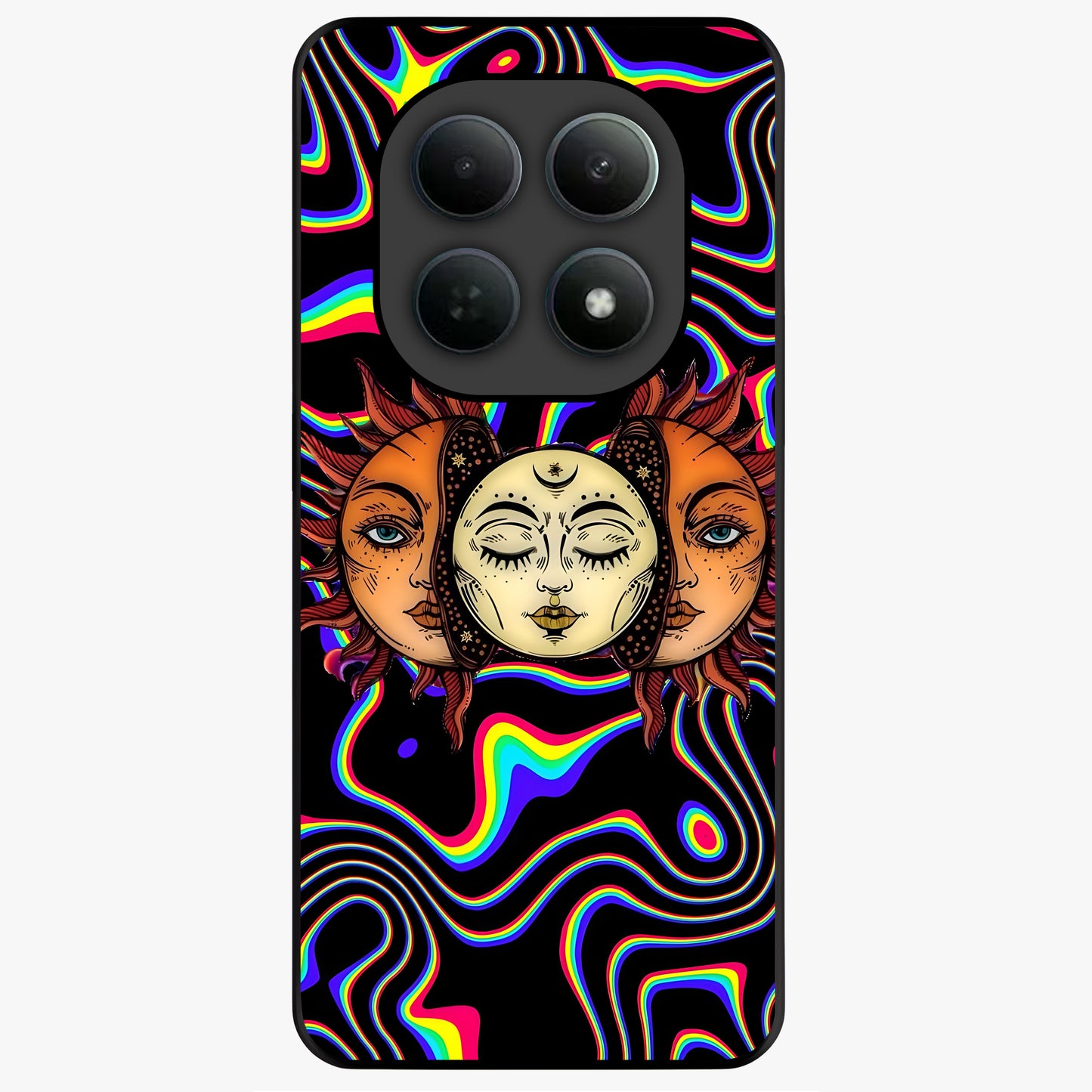 Psychedelic Sun Glass Case showing flat back view with colorful psychedelic sun artwork and glossy glass finish.