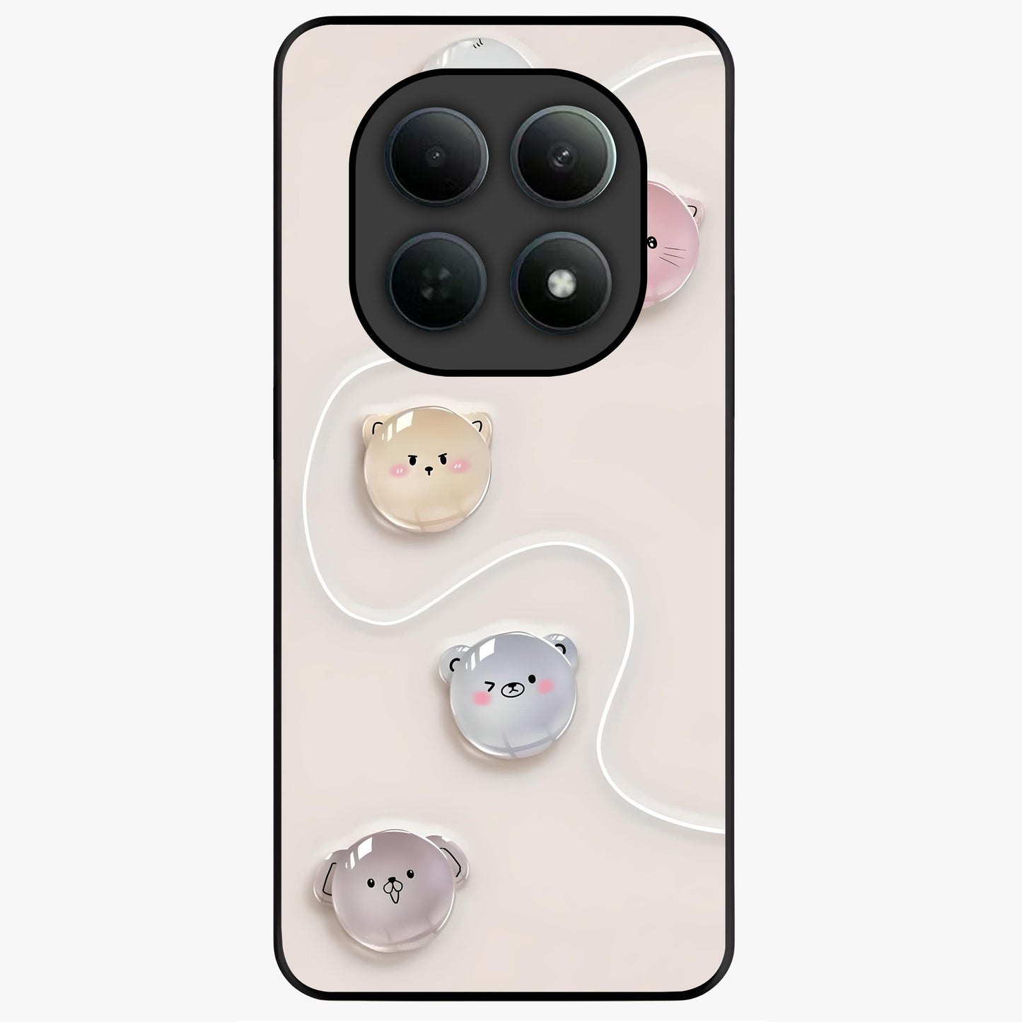 Puffy Face Parade Glass Case showing flat back view with cute puffy character faces artwork and glossy glass finish.