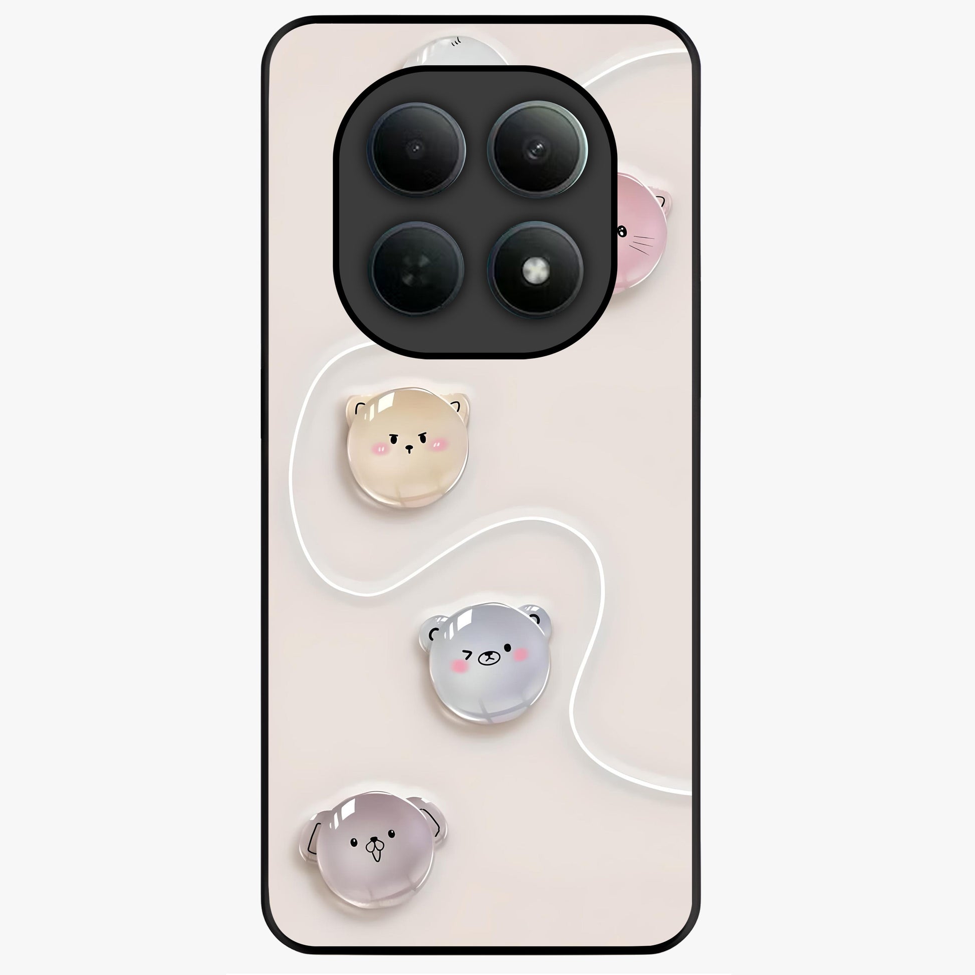 Puffy Face Parade Glass Case showing flat back view with cute puffy character faces artwork and glossy glass finish.