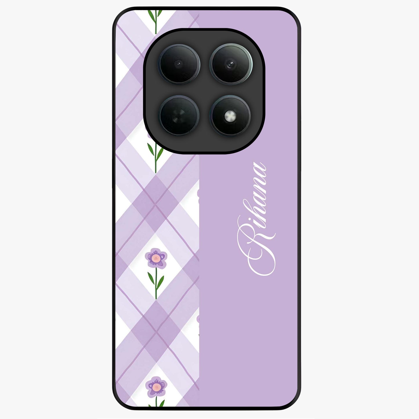 Purple Diamond Floral Glass Case showing flat back view with diamond shaped floral artwork and glossy glass finish.