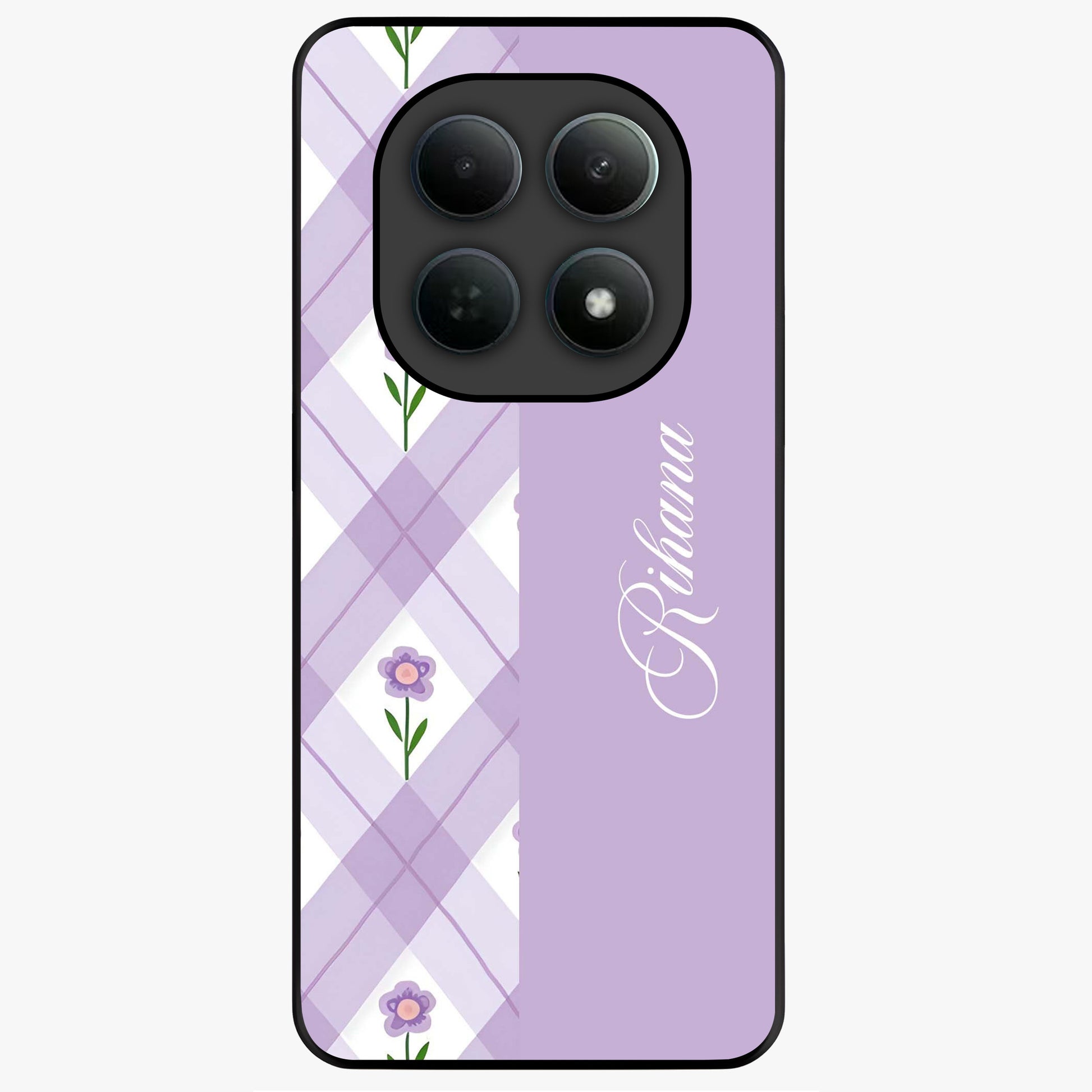 Purple Diamond Floral Glass Case showing flat back view with diamond shaped floral artwork and glossy glass finish.