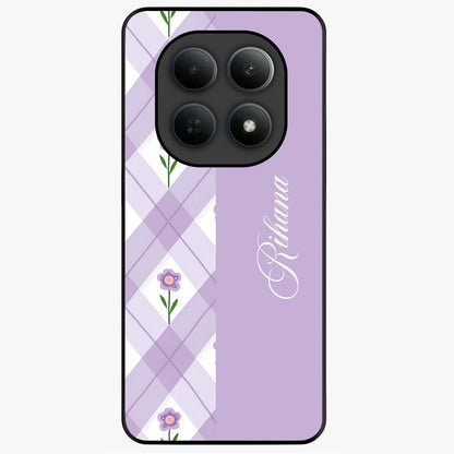 Purple Diamond Floral Glass Case showing flat back view with diamond shaped floral artwork and glossy glass finish.