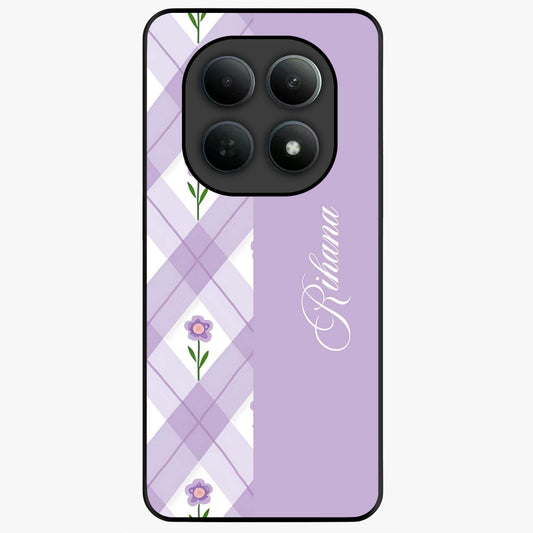 Purple Diamond Floral Glass Case showing flat back view with diamond shaped floral artwork and glossy glass finish.