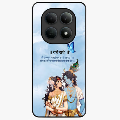 Radha Krishna Eternal Glass Case showing flat back view with Radha Krishna devotional artwork and glossy glass finish.