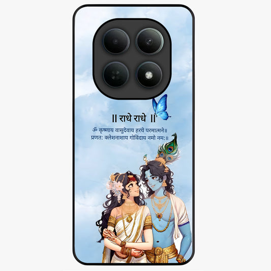 Radha Krishna Eternal Glass Case showing flat back view with Radha Krishna devotional artwork and glossy glass finish.